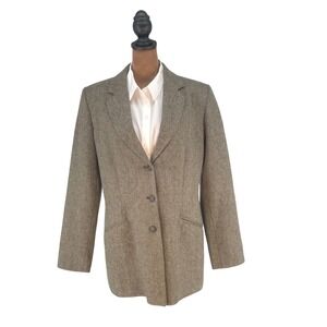 Danielle Martin 100% Wool Herringbone Blazer Women's 12 Longline Brown Jacket